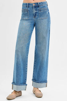 RISEN Full Size Elastic Band Mid Rise Wide Front Patch Pocket Cuff Jeans Plus Size