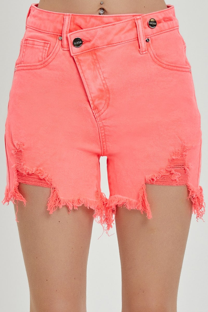RISEN Raw Hem Asymmetrical Waist Denim Shorts - TopFashionHQ