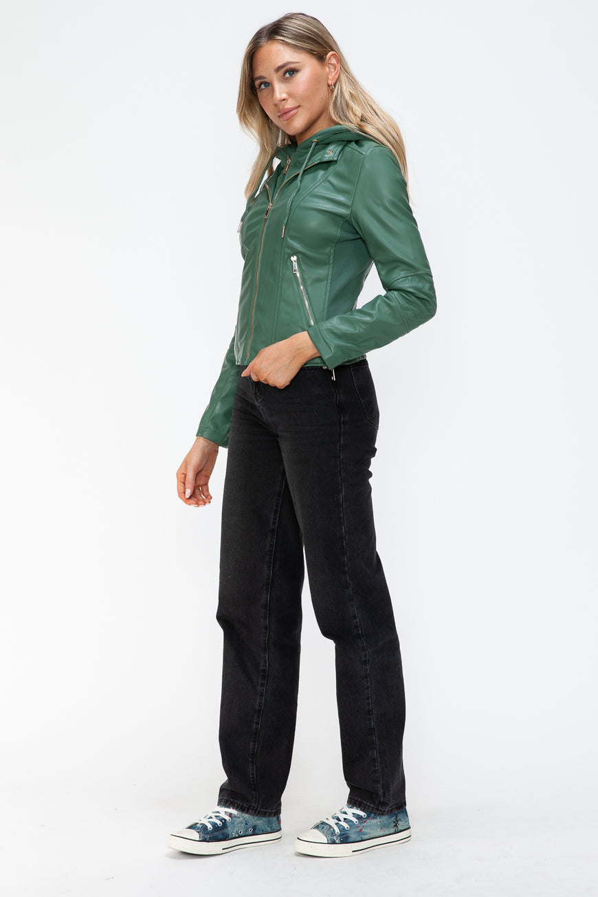 Snobbish Faux Leather Zip Up Drawstring Hooded Jacket - TopFashionHQ
