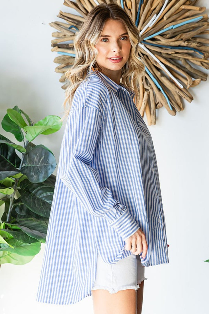 First Love Striped Button Down High-Low Hem Shirt - TopFashionHQ