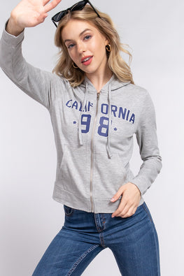 ACTIVE BASIC CALIFORNIA Zip Up Drawstring Long Sleeve Hoodie - TopFashionHQ