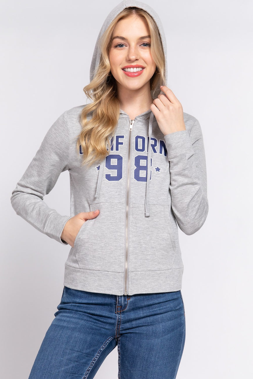 ACTIVE BASIC CALIFORNIA Zip Up Drawstring Long Sleeve Hoodie - TopFashionHQ