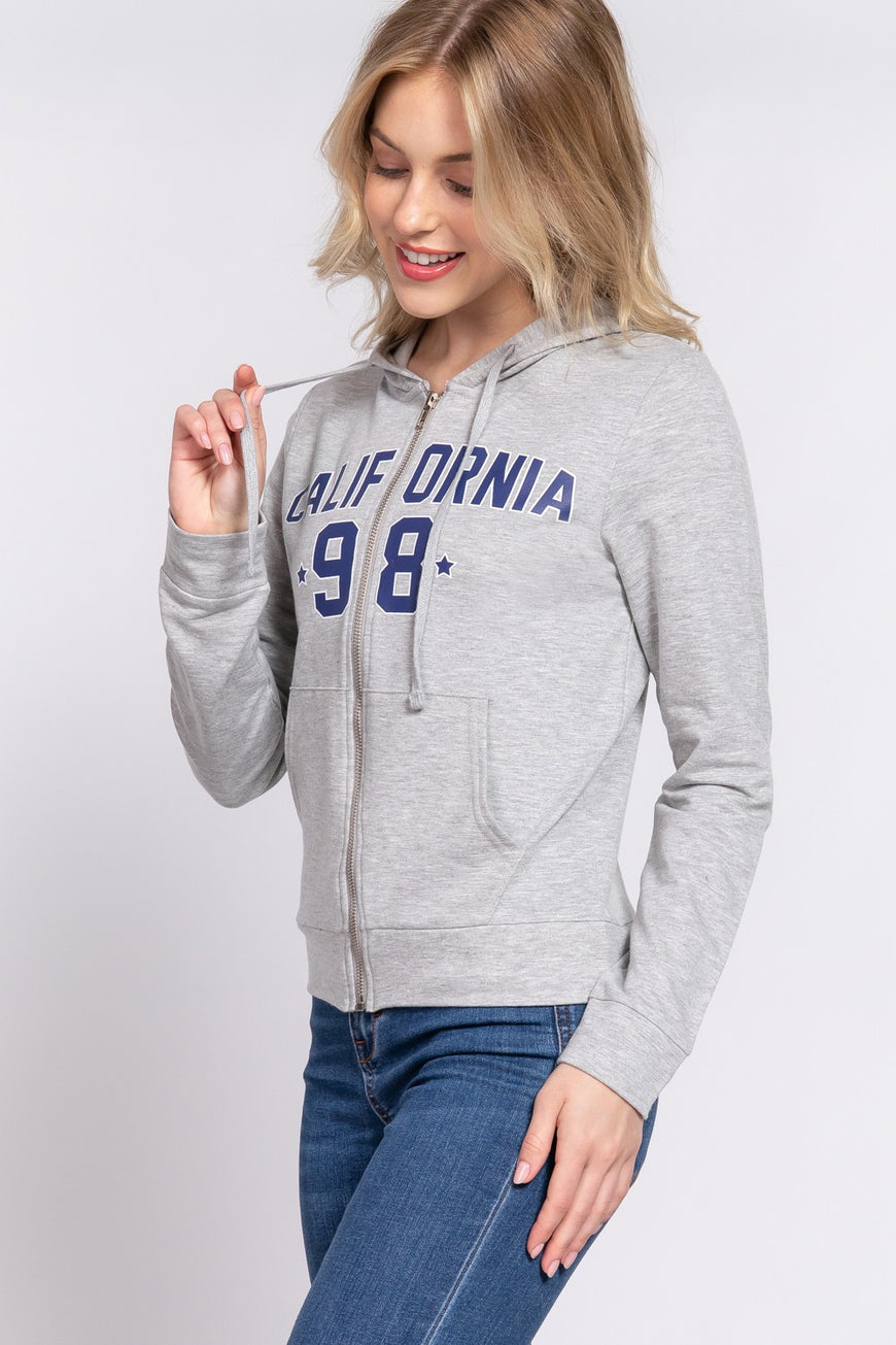 ACTIVE BASIC CALIFORNIA Zip Up Drawstring Long Sleeve Hoodie - TopFashionHQ