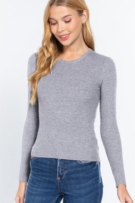 ACTIVE BASIC Full Size Ribbed Round Neck Long Sleeve Knit Top - TopFashionHQ