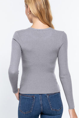 ACTIVE BASIC Full Size Ribbed Round Neck Long Sleeve Knit Top - TopFashionHQ