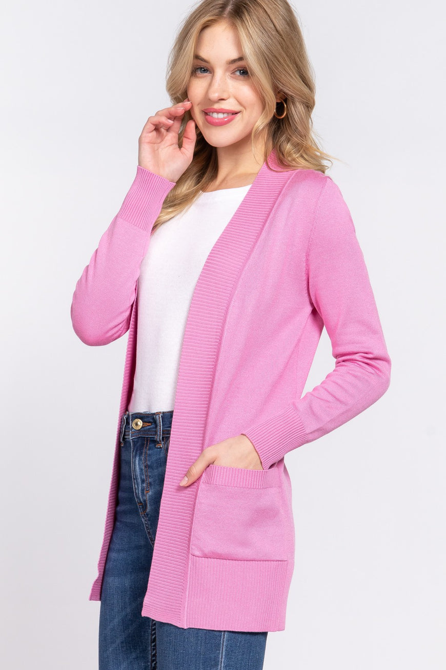 ACTIVE BASIC Ribbed Trim Open Front Cardigan - TopFashionHQ