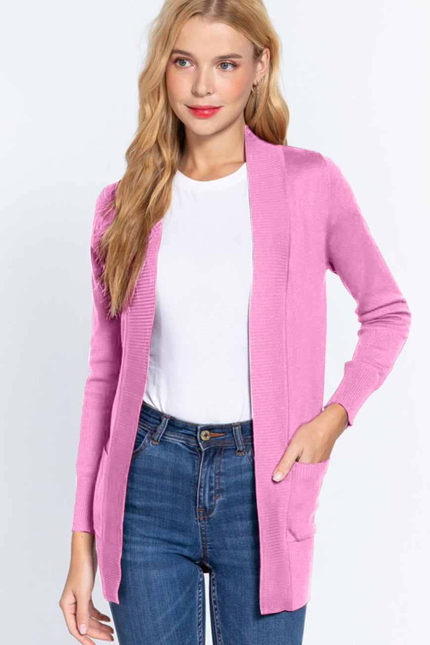 ACTIVE BASIC Ribbed Trim Open Front Cardigan - TopFashionHQ