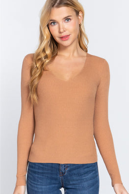 ACTIVE BASIC V-Neck Fitted Viscose Rib Knit Top - TopFashionHQ