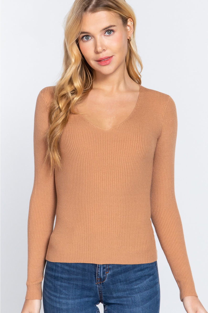 ACTIVE BASIC V-Neck Fitted Viscose Rib Knit Top - TopFashionHQ