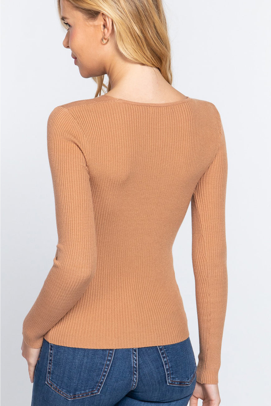 ACTIVE BASIC V-Neck Fitted Viscose Rib Knit Top - TopFashionHQ