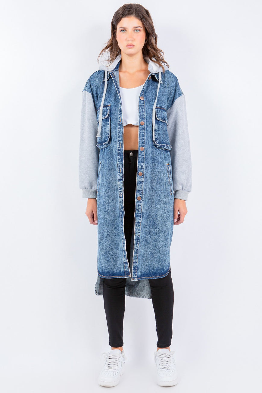 American Bazi Contrast Longline Hooded Denim Jacket - TopFashionHQ