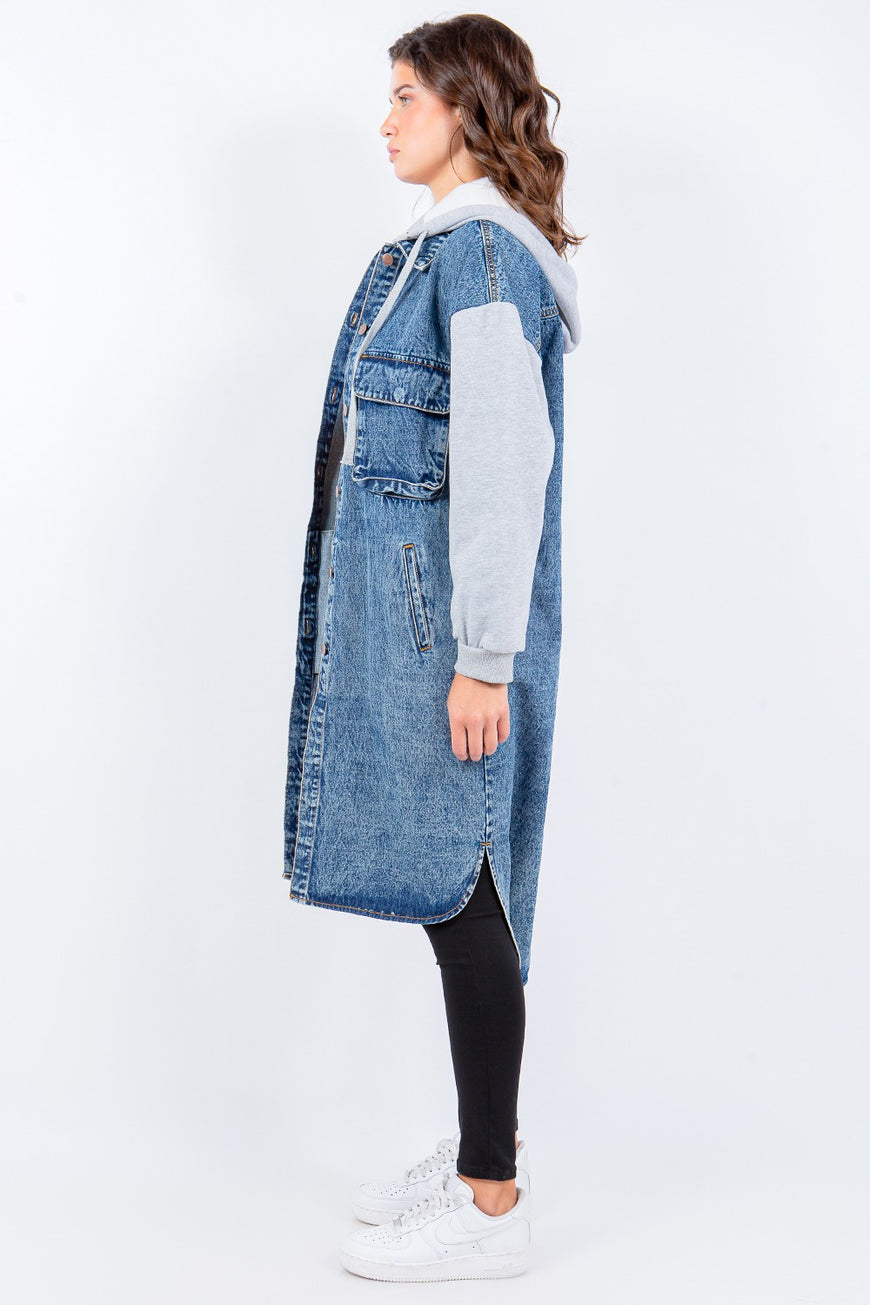 American Bazi Contrast Longline Hooded Denim Jacket - TopFashionHQ