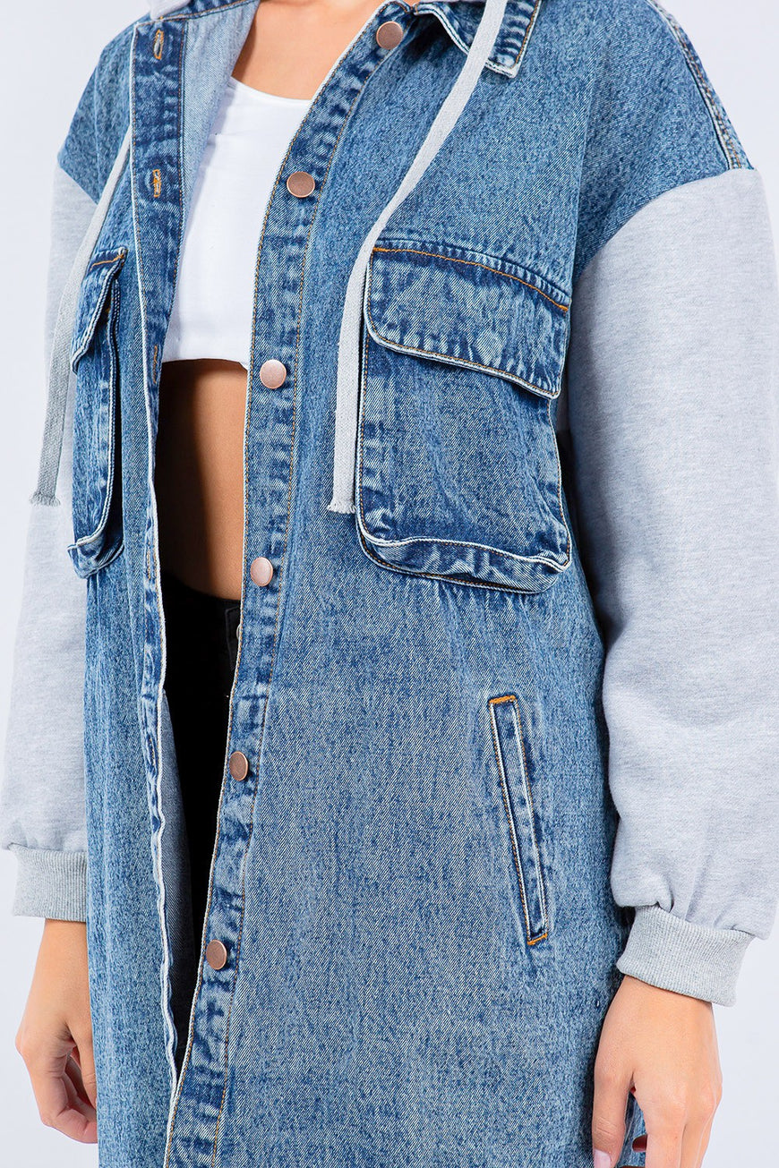 American Bazi Contrast Longline Hooded Denim Jacket - TopFashionHQ