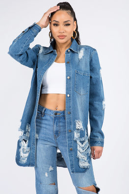 American Bazi Distressed Button Down Denim Shirt Jacket - TopFashionHQ