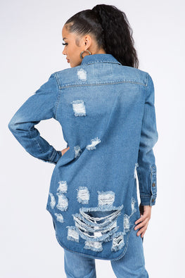 American Bazi Distressed Button Down Denim Shirt Jacket - TopFashionHQ