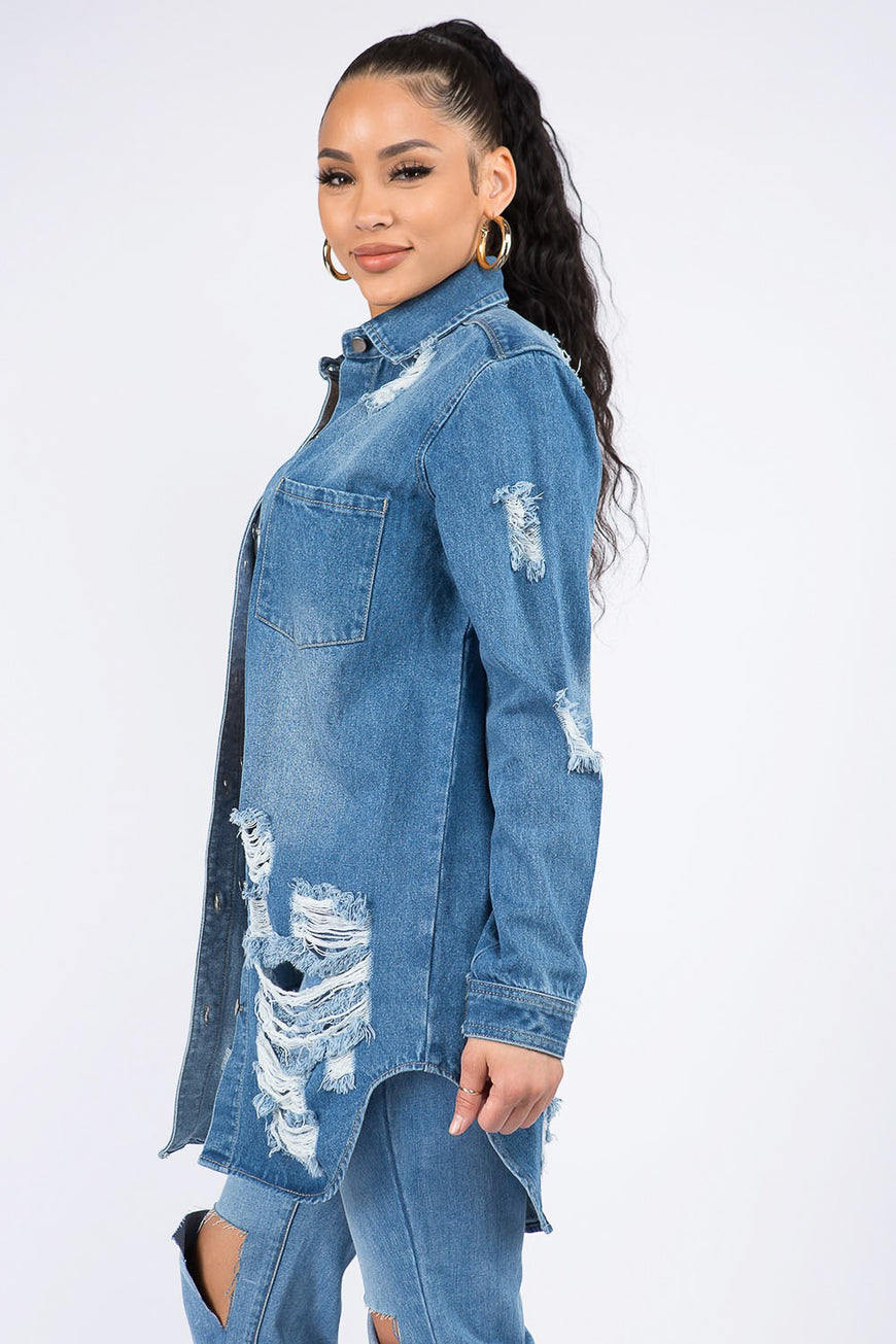 American Bazi Distressed Button Down Denim Shirt Jacket - TopFashionHQ