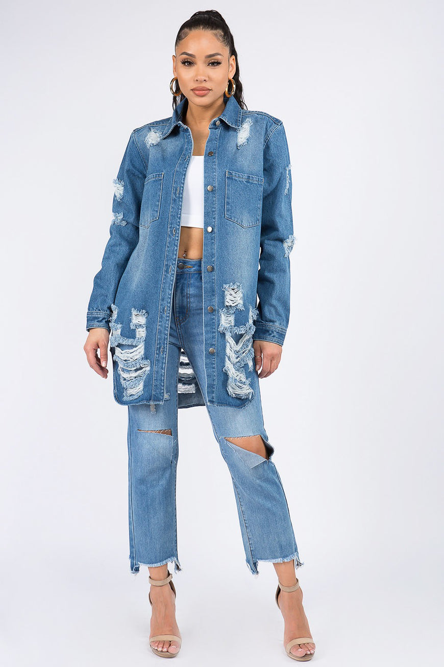 American Bazi Distressed Button Down Denim Shirt Jacket - TopFashionHQ