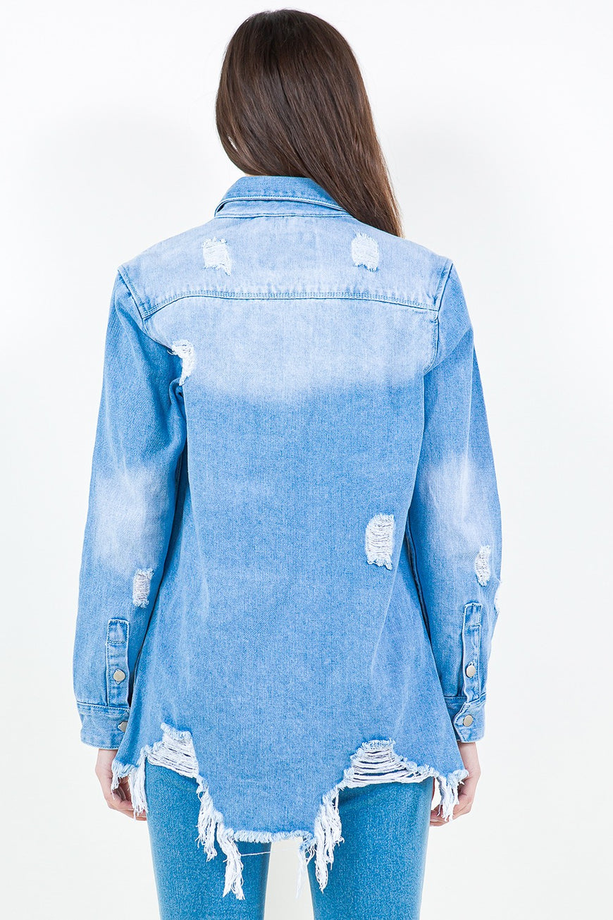 American Bazi Frayed Hem Distressed Denim Shirt Jacket - TopFashionHQ