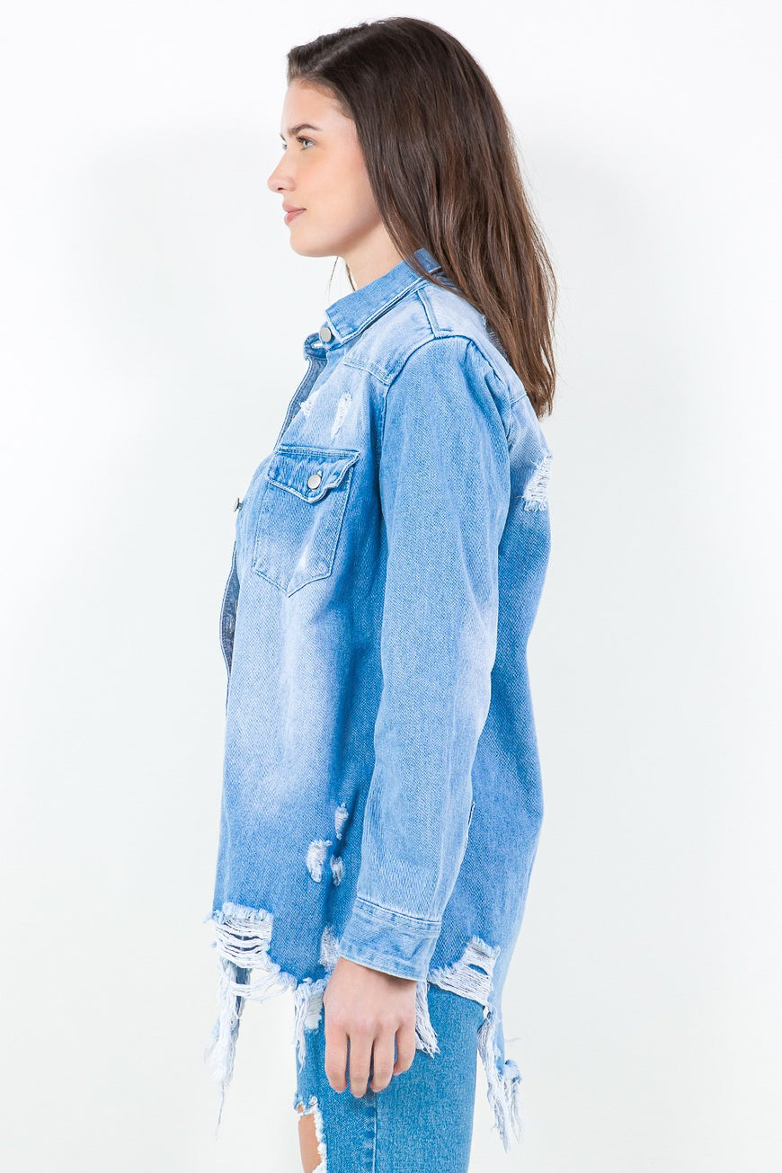 American Bazi Frayed Hem Distressed Denim Shirt Jacket - TopFashionHQ