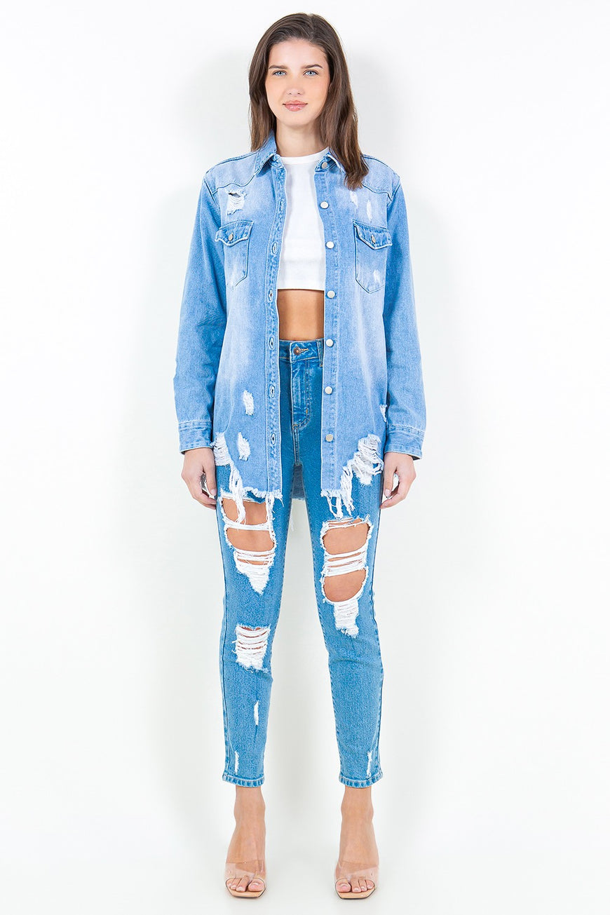 American Bazi Frayed Hem Distressed Denim Shirt Jacket - TopFashionHQ