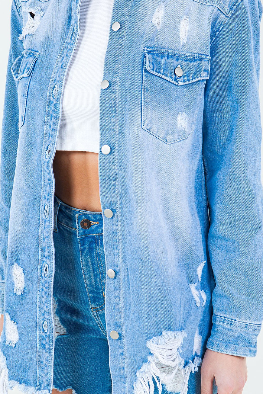 American Bazi Frayed Hem Distressed Denim Shirt Jacket - TopFashionHQ