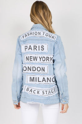 American Bazi Letter Patched Distressed Denim Jacket - TopFashionHQ