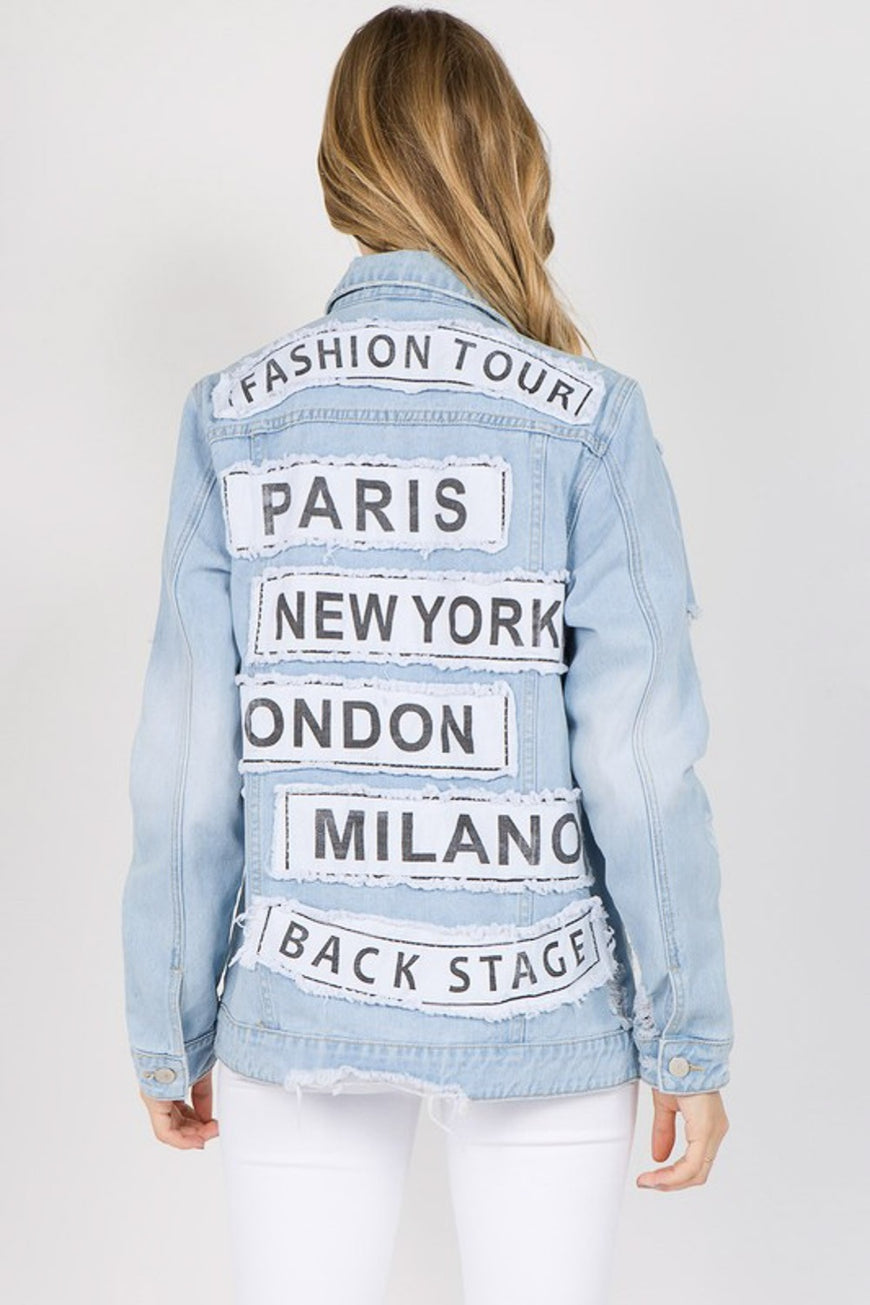 American Bazi Letter Patched Distressed Denim Jacket - TopFashionHQ