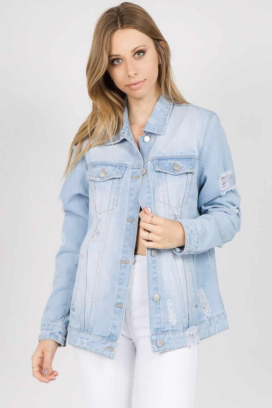 American Bazi Letter Patched Distressed Denim Jacket - TopFashionHQ