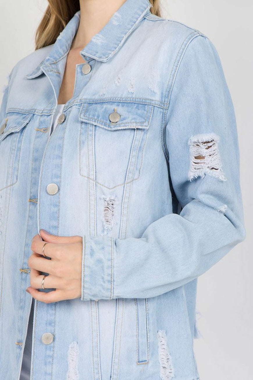 American Bazi Letter Patched Distressed Denim Jacket - TopFashionHQ