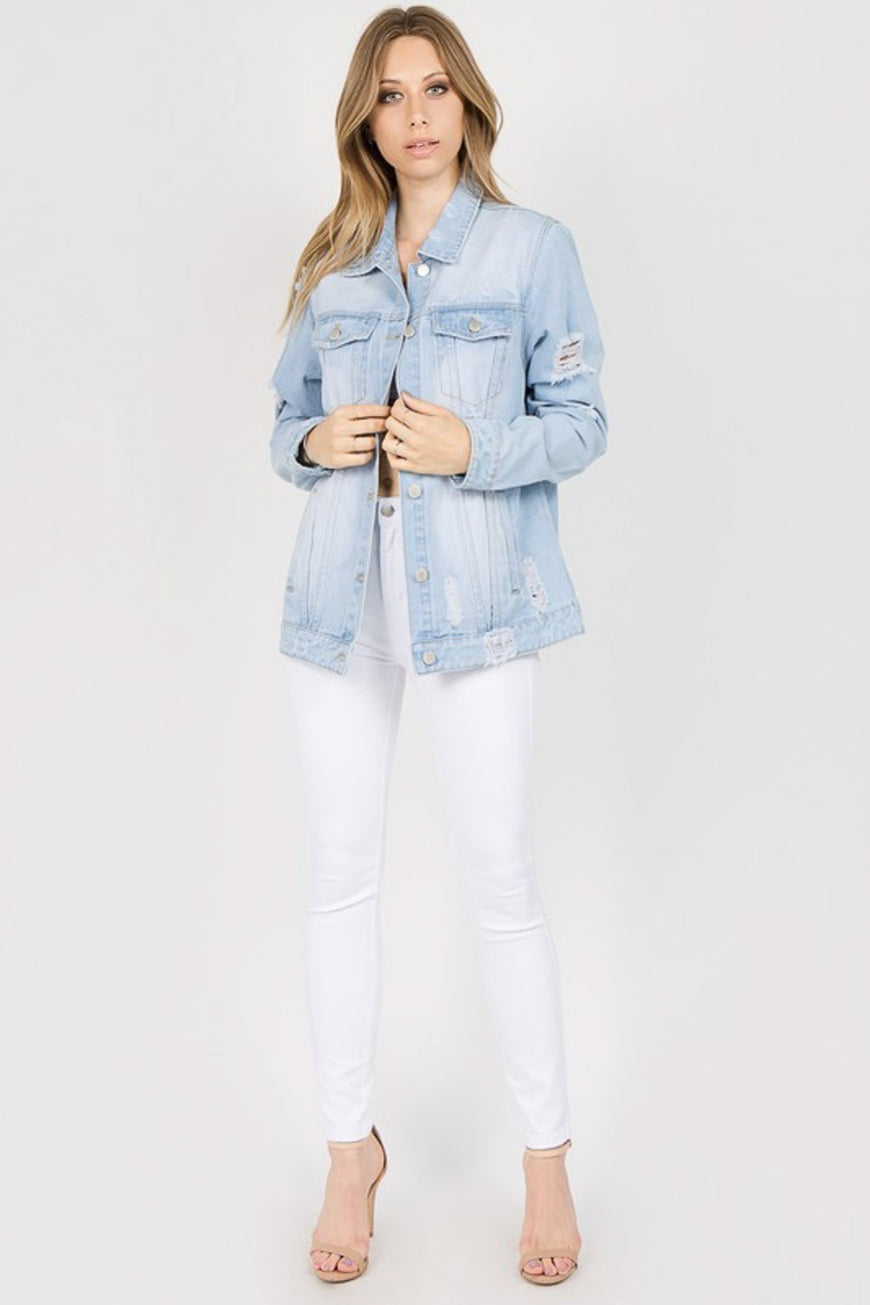 American Bazi Letter Patched Distressed Denim Jacket - TopFashionHQ