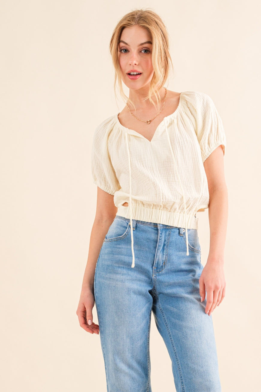 And The Why Back Waist Tie Cropped Blouse - TopFashionHQ