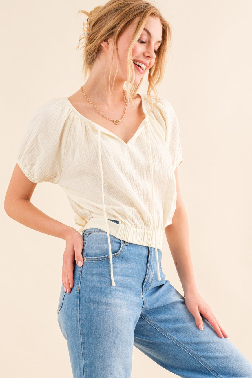 And The Why Back Waist Tie Cropped Blouse - TopFashionHQ