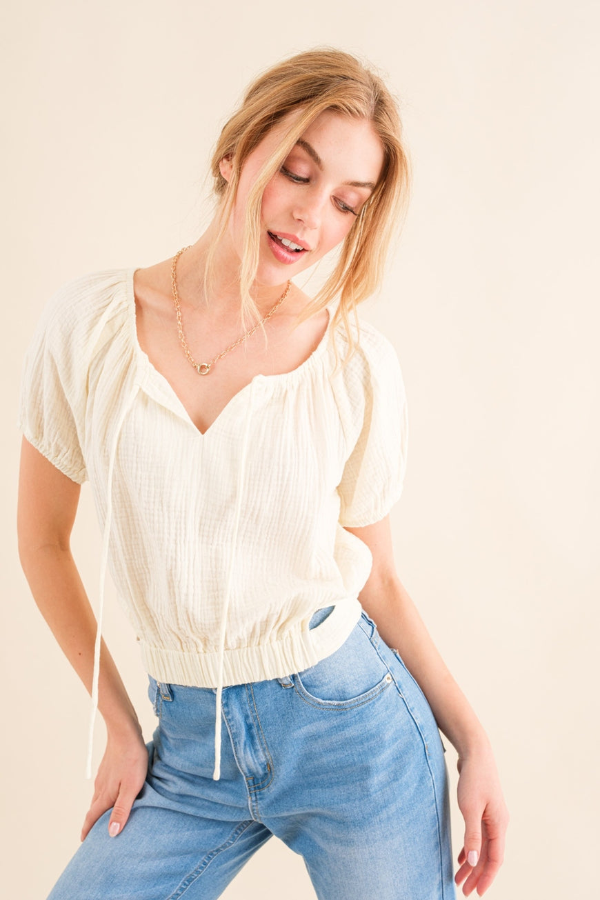 And The Why Back Waist Tie Cropped Blouse - TopFashionHQ