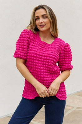 And The Why Full Size Bubble Textured Puff Sleeve Top - TopFashionHQ