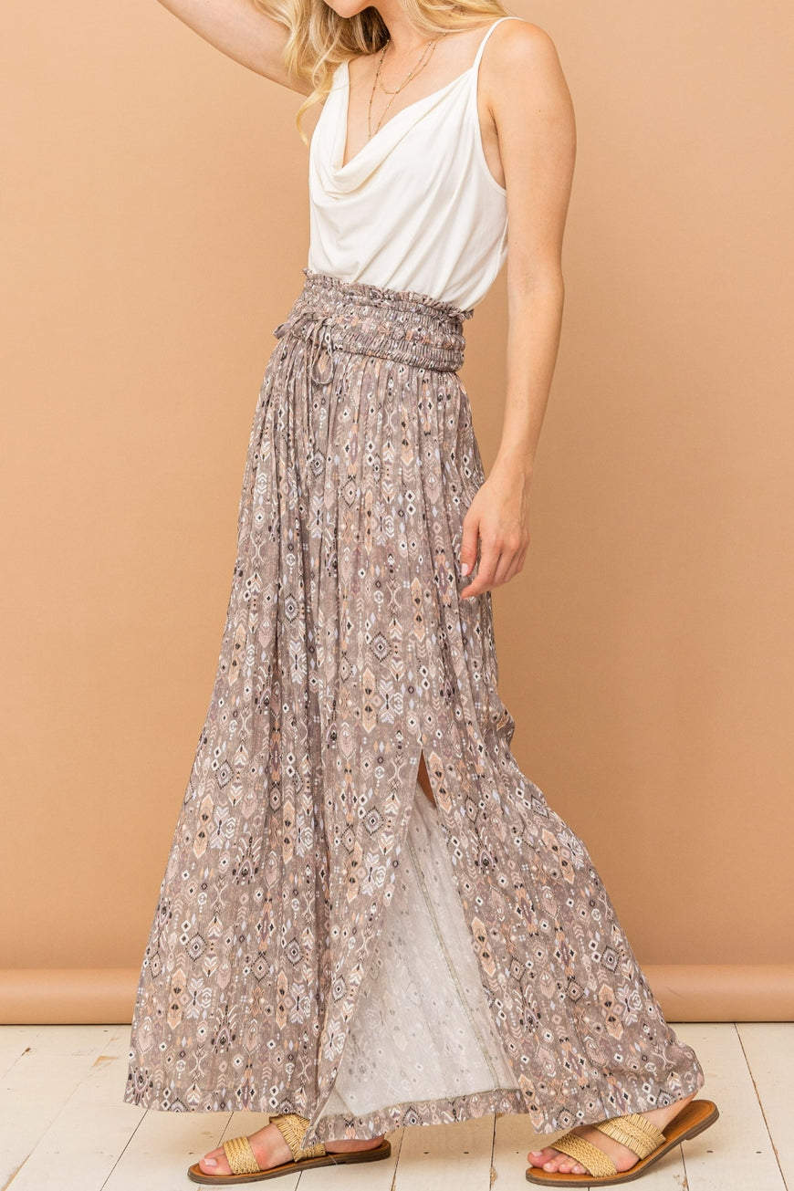 And The Why Printed Smocked Waist Slit Wide Leg Pants - TopFashionHQ