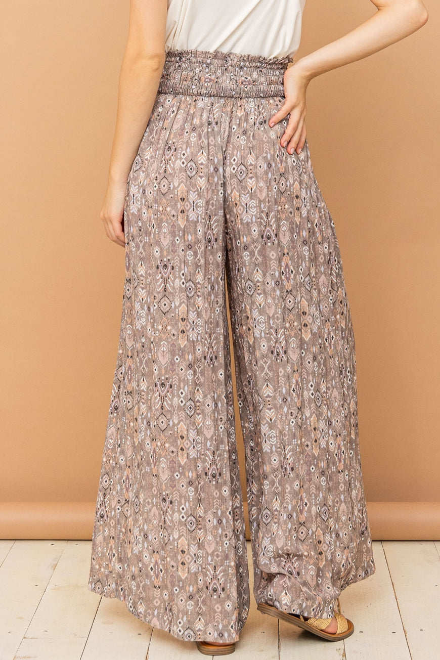 And The Why Printed Smocked Waist Slit Wide Leg Pants - TopFashionHQ