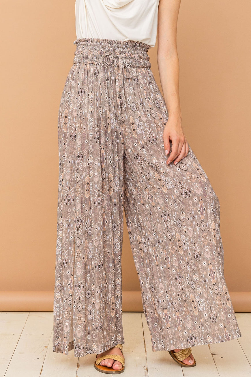 And The Why Printed Smocked Waist Slit Wide Leg Pants - TopFashionHQ