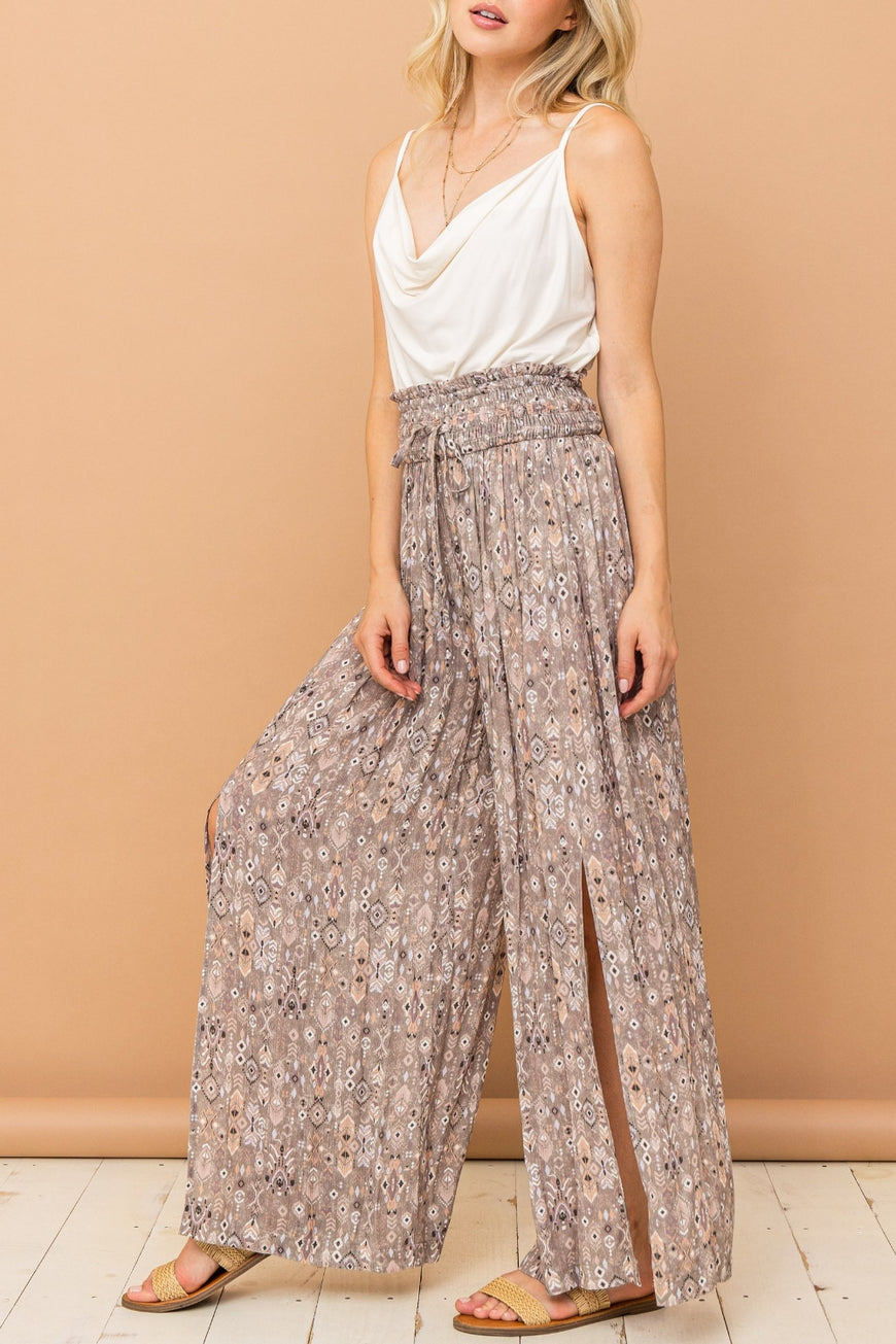 And The Why Printed Smocked Waist Slit Wide Leg Pants - TopFashionHQ