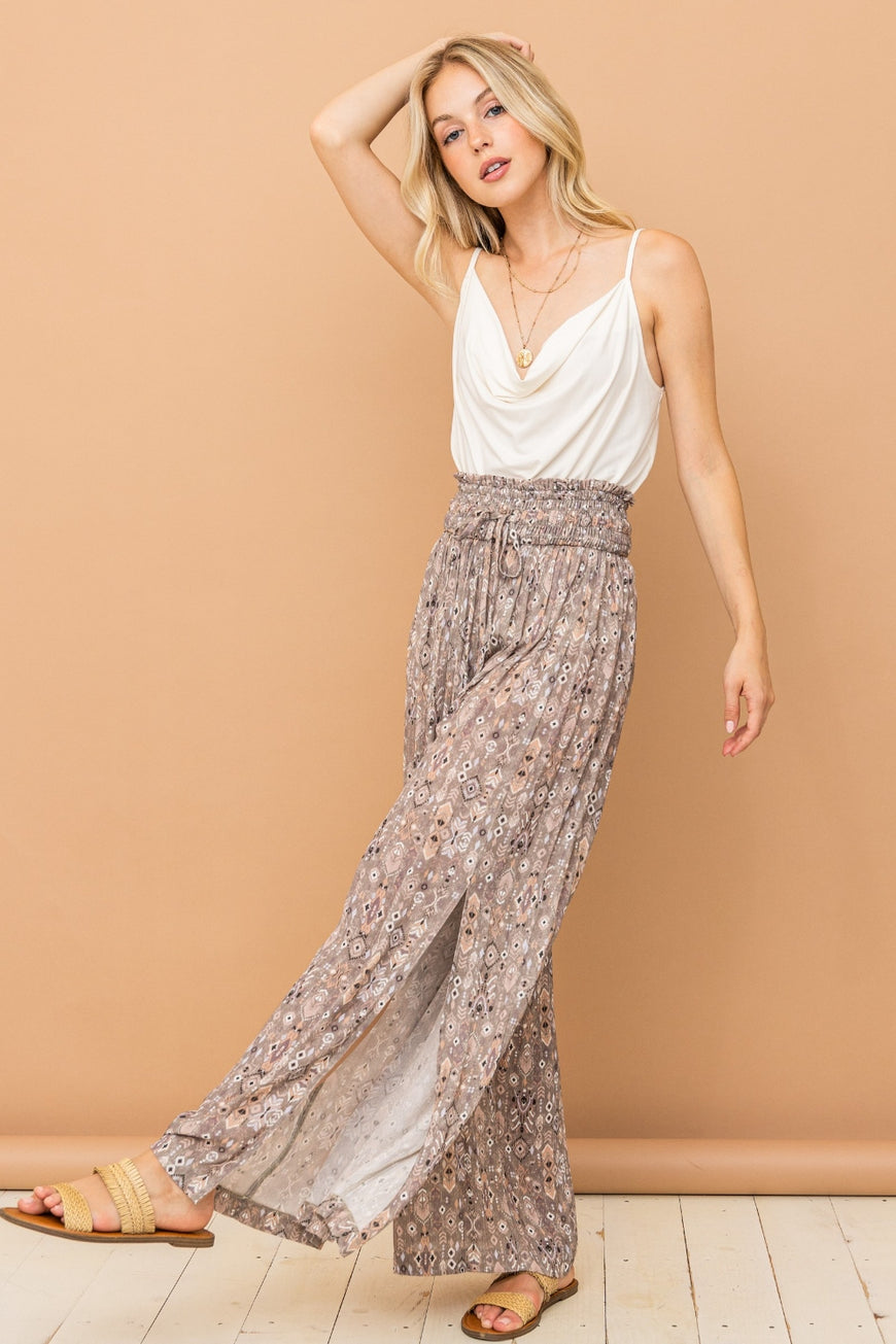 And The Why Printed Smocked Waist Slit Wide Leg Pants - TopFashionHQ