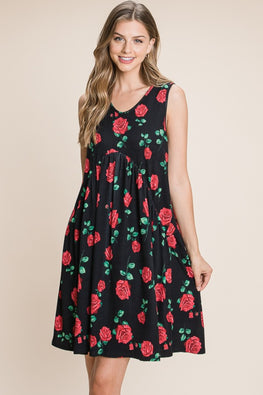 BOMBOM Floral Ruched Tank Dress - TopFashionHQ