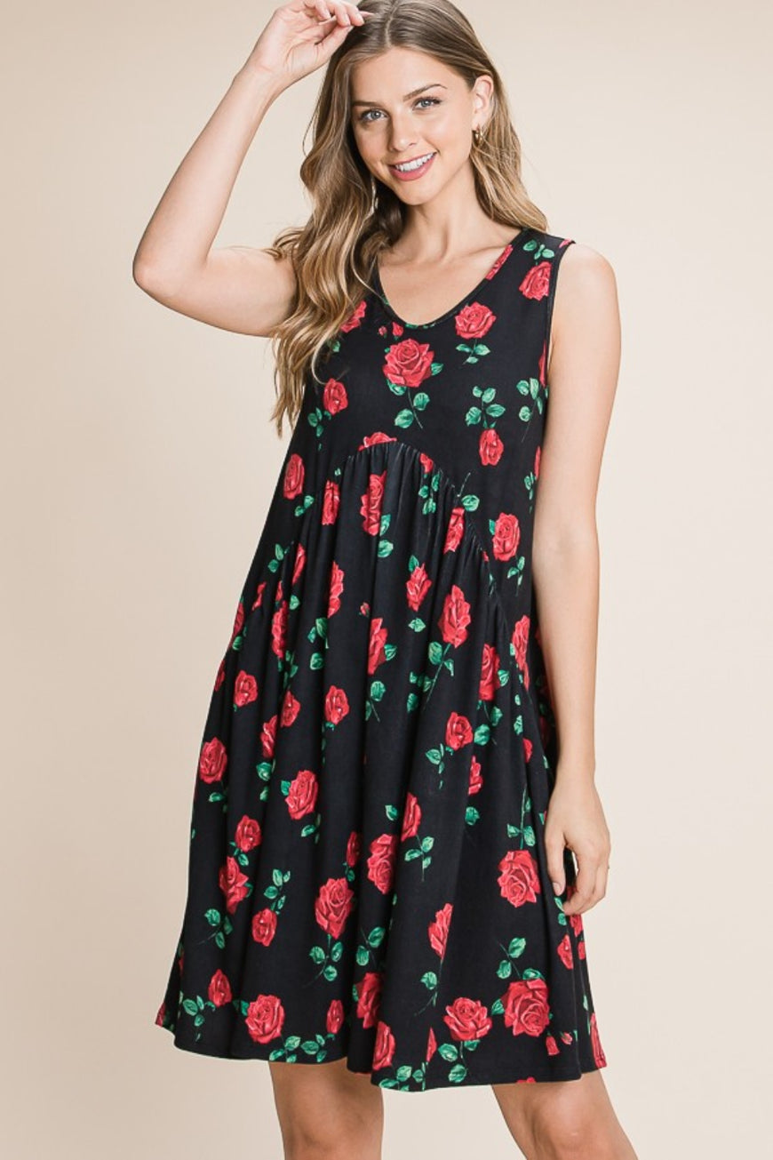 BOMBOM Floral Ruched Tank Dress - TopFashionHQ