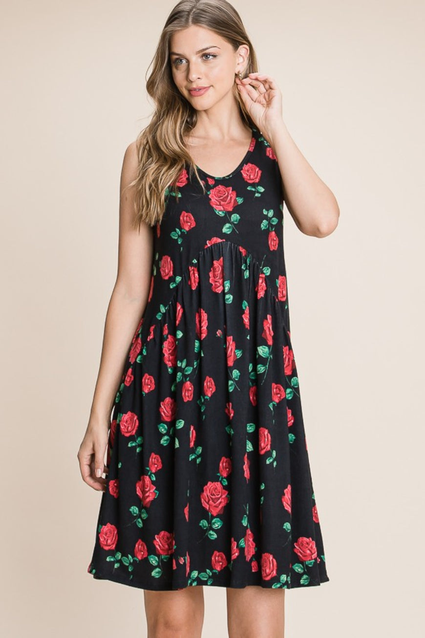 BOMBOM Floral Ruched Tank Dress - TopFashionHQ