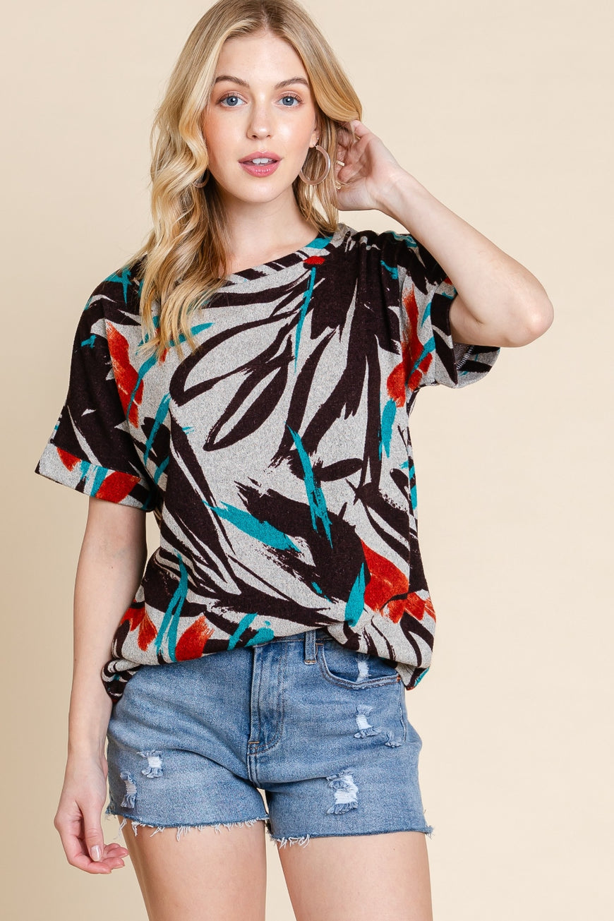 BOMBOM Printed Round Neck Short Sleeve T-Shirt - TopFashionHQ