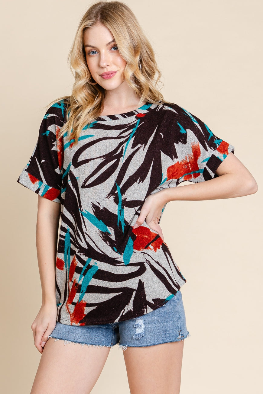 BOMBOM Printed Round Neck Short Sleeve T-Shirt - TopFashionHQ