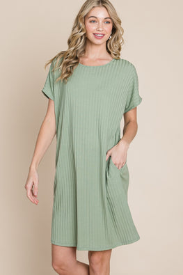 BOMBOM Ribbed Round Neck Short Sleeve Dress - TopFashionHQ