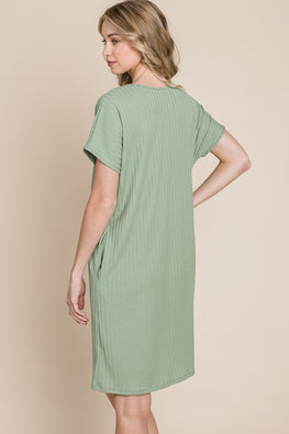 BOMBOM Ribbed Round Neck Short Sleeve Dress - TopFashionHQ