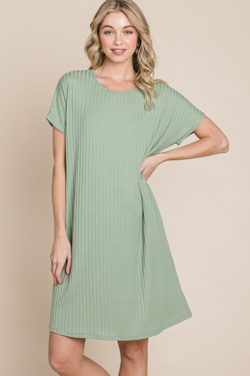 BOMBOM Ribbed Round Neck Short Sleeve Dress - TopFashionHQ