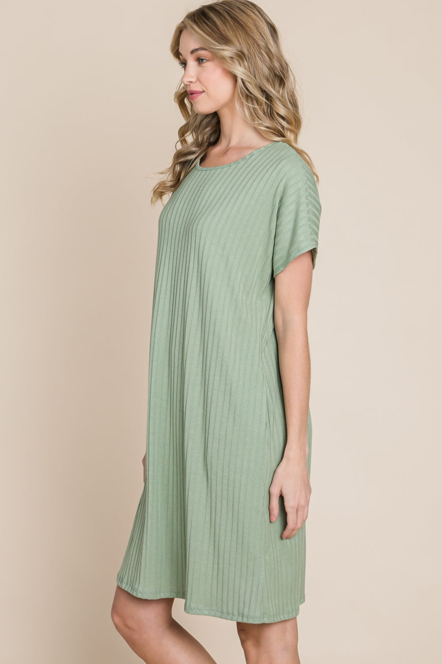 BOMBOM Ribbed Round Neck Short Sleeve Dress - TopFashionHQ