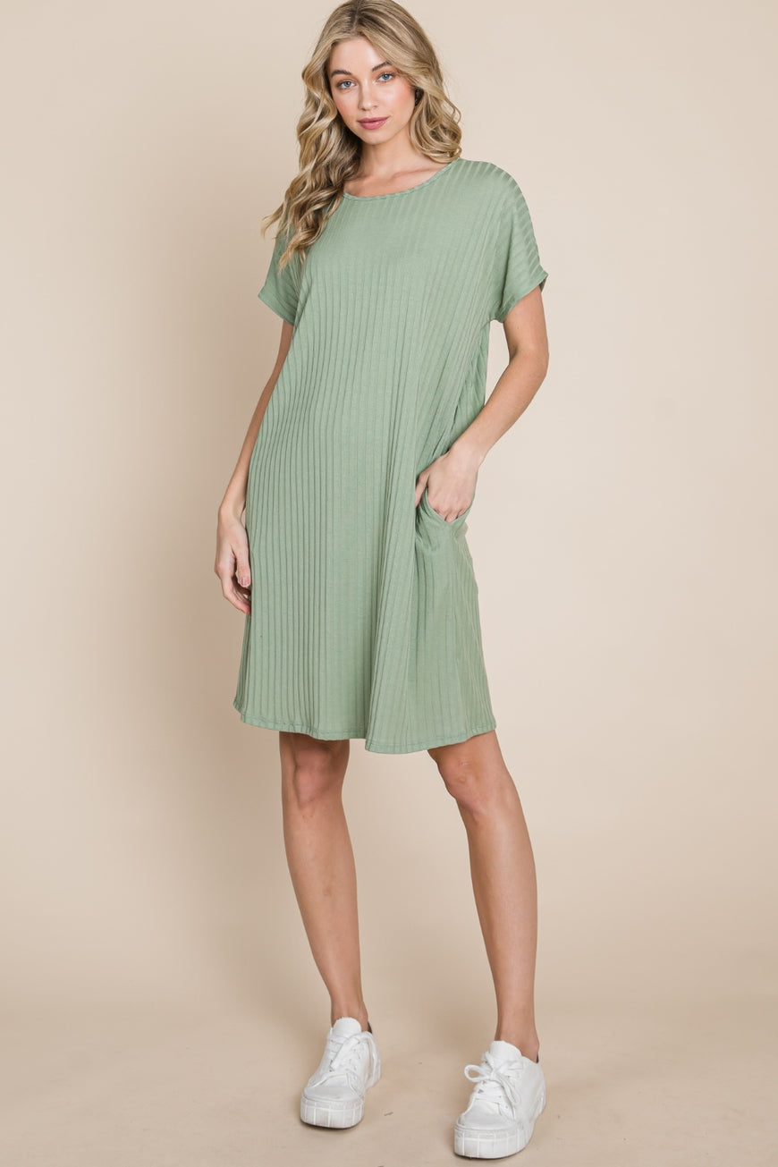 BOMBOM Ribbed Round Neck Short Sleeve Dress - TopFashionHQ