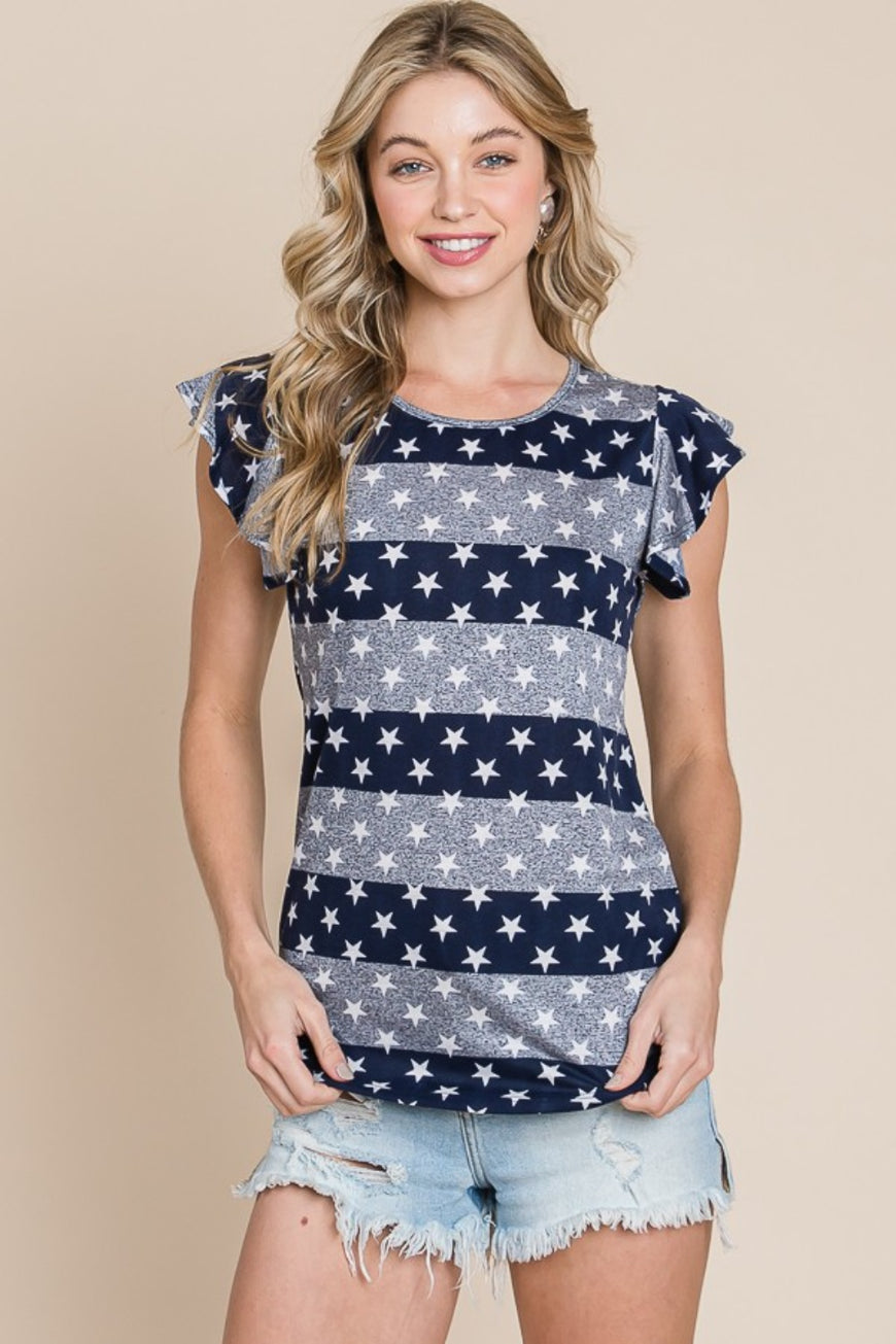 BOMBOM Striped Round Neck Cap Sleeve T-Shirt - TopFashionHQ